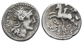 M. Sergius Silus, Rome, 116-115 BC. AR Denarius (19mm, 3.73g, 8h). Helmeted head of Roma r. R/ Soldier on horseback rearing l., holding sword and seve...