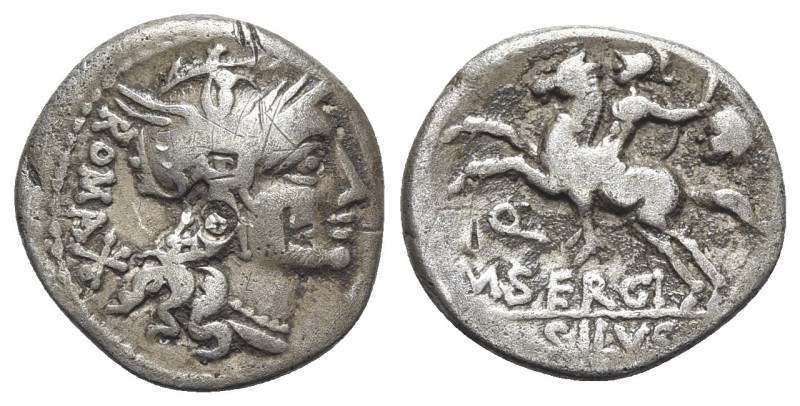 M. Sergius Silus, Rome, 116-115 BC. AR Denarius (18mm, 3.73g, 5h). Helmeted head...