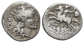 M. Sergius Silus, Rome, 116-115 BC. AR Denarius (18mm, 3.73g, 5h). Helmeted head of Roma r. R/ Soldier on horseback rearing l., holding sword and seve...