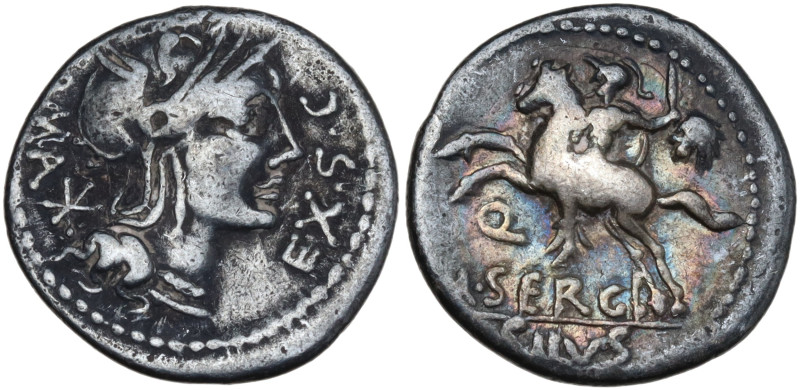 M. Sergius Silus, Rome, 116-115 BC. AR Denarius (18mm, 3.75g). Helmeted head of ...