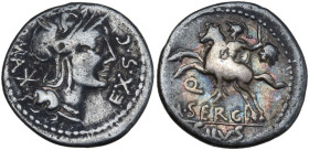 M. Sergius Silus, Rome, 116-115 BC. AR Denarius (18mm, 3.75g). Helmeted head of Roma r. R/ Soldier on horseback rearing l., holding sword and severed ...