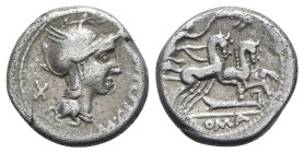 M. Cipius M.f., Rome, 115-114 BC. AR Denarius (16mm, 3.76g, 6h). Helmeted head of Roma r. R/ Victory driving galloping biga r., holding reins and palm...