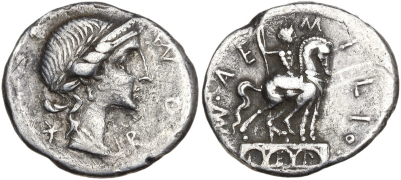 Man. Aemilius Lepidus, Rome, 114-113 BC. AR Denarius (19mm, 3.85g). Diademed and...