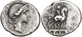 Man. Aemilius Lepidus, Rome, 114-113 BC. AR Denarius (19mm, 3.85g). Diademed and draped bust of Roma r. R/ Equestrian statue r. on pedestal with three...