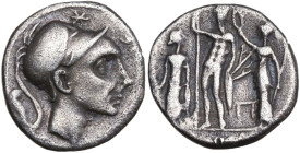 Cn. Blasio Cn.f., Rome, 112-111 BC. AR Denarius (18mm, 3.60g). Helmeted male head r.; prow stern behind. R/ Jupiter standing facing, holding sceptre a...