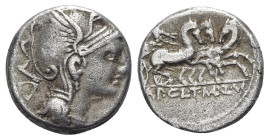 Appius Claudius Pulcher, T. Manlius Mancius and Q. Urbinius, Rome, 111-110 BC. AR Denarius (16mm, 3.75g, 12h). Helmeted head of Roma r.; quadrangular ...