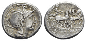 Appius Claudius Pulcher, T. Manlius Mancius and Q. Urbinius, Rome, 111-110 BC. AR Denarius (17mm, 3.80g, 12h). Helmeted head of Roma r.; quadrangular ...