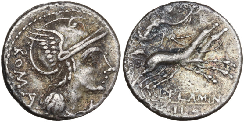L. Flaminius Chilo, Rome, 109-108 BC. AR Denarius (19mm, 3.84g). Helmeted head o...