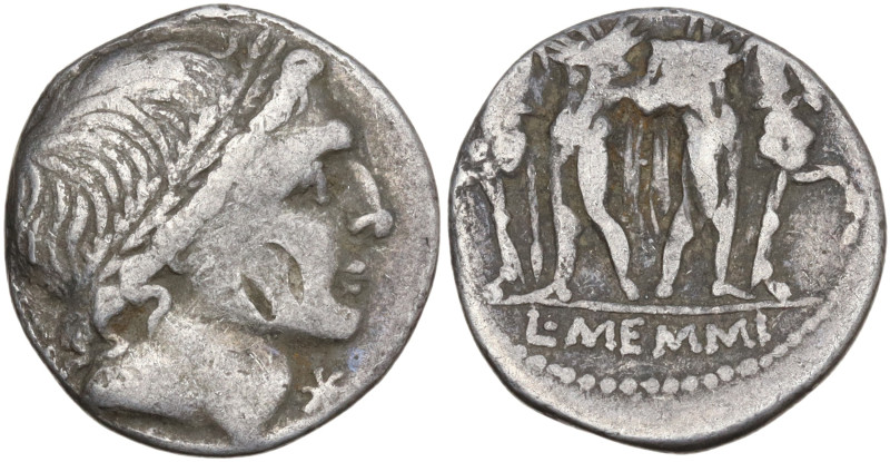 L. Memmius, Rome, 109-108 BC. AR Denarius (18mm, 3.62g). Male head r., wearing o...