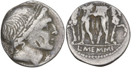 L. Memmius, Rome, 109-108 BC. AR Denarius (18mm, 3.62g). Male head r., wearing oak wreath. R/ The Dioscuri standing facing before their horses, each h...