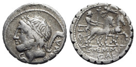 L. Memmius Galeria, Rome, 106 BC. AR Serrate Denarius (18mm, 3.75g, 6h). Laureate head of Saturn l.; control before, harpa behind. R/ Venus driving bi...