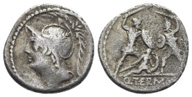 Q. Minucius Thermus M. f. Roma, 103 BC. AR Denarius (19mm, 3.63g, 3h) Helmeted bust of Mars l. R/ Two warriors in combat, one on l. protecting a falle...