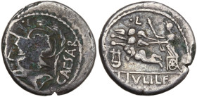 L. Julius L.f. Caesar, Rome, 103 BC. AR Denarius (17mm, 2.93g). Helmeted head of Mars l. R/ Venus Genetrix, holding sceptre, driving biga of Cupids l....