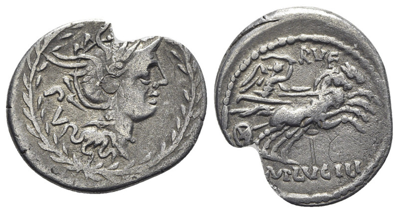 M. Lucilius Rufus, Rome, 101 BC. AR Denarius (22mm, 3.57g, 3h). Helmeted head of...