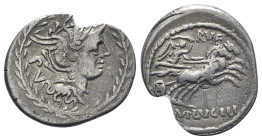 M. Lucilius Rufus, Rome, 101 BC. AR Denarius (22mm, 3.57g, 3h). Helmeted head of Roma r. within laurel wreath. R/ Victory, holding whip, in biga r. Cr...