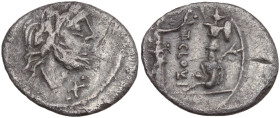 T. Cloulius, Rome, 98 BC. AR Quinarius (17mm, 1.62g). Laureate head of Jupiter r.; control mark before. R/ Victory standing r. crowning trophy; before...