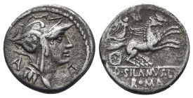 D. Silanus L.f., Rome, 91 BC. AR Denarius (19mm, 3.66g, 9h). Helmeted head of Roma r.; A behind. R/ Victory driving biga r.; XI above. Crawford 337/3;...