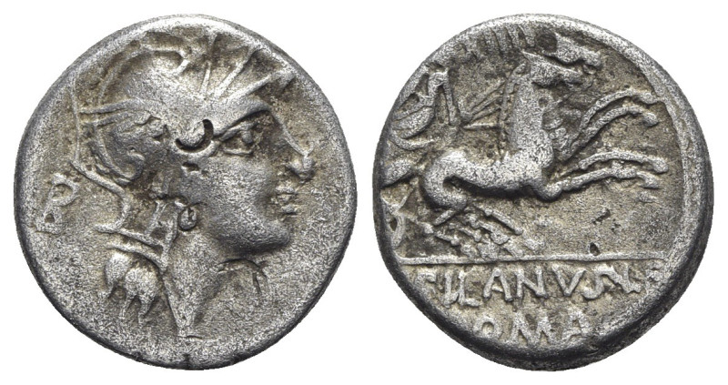 D. Silanus L.f., Rome, 91 BC. AR Denarius (17mm, 3.51g, 12h). Helmeted head of R...