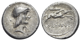 L. Calpurnius Piso Frugi, Rome, 90 BC. AR Denarius (17mm, 3.75g, 3h). Laureate head of Apollo r. R/ Horseman galloping r., holding palm frond. Crawfor...