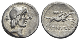 L. Calpurnius Piso Frugi, Rome, 90 BC. AR Denarius (17mm, 3.75g, 6h). Laureate head of Apollo r.; bee behind. R/ Horseman galloping r., holding palm f...