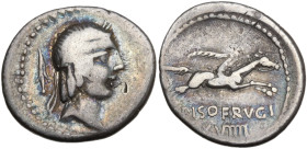 L. Calpurnius Piso Frugi, Rome, 90 BC. AR Denarius (19mm, 3.78g). Laureate head of Apollo r.; spear-head behind. R/ Horseman galloping r., holding pal...