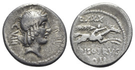 L. Calpurnius Piso Frugi, Rome, 90 BC. AR Denarius (18mm, 3.81g, 6h). Laureate head of Apollo r.; control mark behind. R/ Horseman galloping r., holdi...