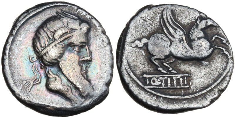 Q. Titius, Rome, 90 BC. AR Denarius (18mm, 3.78g). Bearded head of Mutinus Titin...