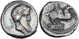 Q. Titius, Rome, 90 BC. AR Denarius (18mm, 3.78g). Bearded head of Mutinus Titinus r., wearing winged diadem. R/ Pegasus springing r. from inscribed t...