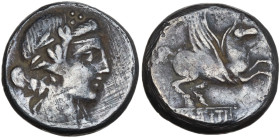 Q. Titius, Rome, 90 BC. AR Denarius (15mm, 3.64g). Head of young Bacchus r., wearing ivy wreath. R/ Pegasus springing r. Crawford 341/2; RBW 1275; RSC...