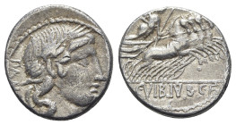C. Vibius C.f. Pansa, Rome 90 BC. AR Denarius (18mm, 3.87g, 7h). Laureate head of Apollo r.; symbol below chin. R/ Minerva driving galloping quadriga ...