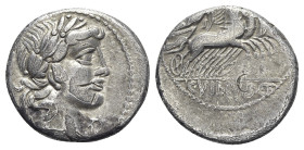 C. Vibius C.f. Pansa, Rome 90 BC. AR Denarius (18mm, 3.67g, 5h). Laureate head of Apollo r.; symbol below chin. R/ Minerva driving galloping quadriga ...