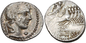 C. Vibius C.f. Pansa, Rome 90 BC. AR Denarius (18mm, 3.96g). Laureate head of Apollo r.; symbol below chin. R/ Minerva driving galloping quadriga r. C...