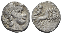 C. Vibius C.f. Pansa, Rome 90 BC. AR Denarius (18mm, 3.76g, 6h). Laureate head of Apollo r.; symbol below chin. R/ Minerva driving galloping quadriga ...