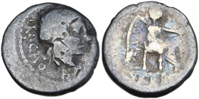 M. Cato, Rome, 89 BC. AR Quinarius (14mm, 1.58g). Head of Liber r., wearing ivy wreath. R/ Victory seated r. on throne, holding palm branch and patera...