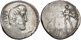 L. Titurius L.f. Sabinus, Rome, 89 BC. AR Denarius (18mm, 3.56g). Bareheaded and bearded head of King Tatius r.; palm-branch before. R/ Two soldiers f...