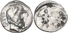 L. Titurius L.f. Sabinus, Rome, 89 BC. AR Denarius (18mm, 3.95g). Bareheaded and bearded head of King Tatius r.; palm-branch before. R/ Two soldiers f...