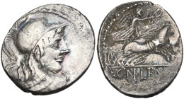 Cn. Lentulus Clodianus, Rome, 88 BC. AR Denarius (20mm, 3.31g). Helmeted bust of Mars r., seen from behind. R/ Victory driving biga r., holding wreath...
