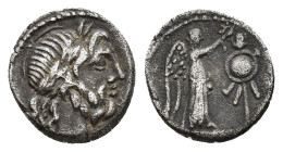 Cn. Lentulus Clodianus, Rome, 88 BC. AR Quinarius (13mm, 1.70g). Laureate head of Jupiter r. R/ Victory standing r., crowning trophy. Crawford 345/2; ...