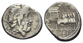L. Rubrius Dossenus, Rome, 87 BC. AR Denarius (19mm, 3.87g, 3h). Laureate head of Jupiter r.; sceptre behind. R/ Triumphal chariot r. Crawford 348/1; ...