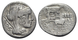 L. Rubrius Dossenus, Rome, 87 BC. AR Denarius (17.5mm, 3.42g, 3h). Veiled head of Juno r.; sceptre behind. R/ Small Victory standing on triuphal chari...