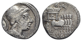 L. Rubrius Dossenus, Rome, 87 BC. AR Denarius (17mm, 2.98g, 9h). Helmeted bust of Minerva r., wearing aegis. R/ Triumphal quadriga r., surmounted by V...