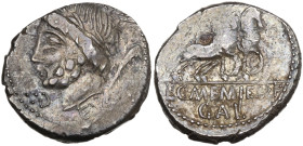 L. and C. Memmius L.f. Galeria, Rome, 87 BC. AR Denarius (18mm, 4.37g). Laureate head of Saturn l.; control-mark to l., harpa to r. R/ Venus driving b...