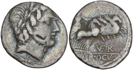 Vergilius, Gargilius, and Ogulnius, Rome, 86 BC. AR Denarius (18mm, 3.70g). Head of Apollo r., wearing oak wreath; thunderbolt below. R/ Jupiter, wiel...