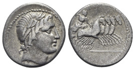 Gargilius, Ogulnius and Vergilius, Rome, c. 86 BC. AR Denarius (19mm, 3.83g, 6h). Head of Apollo Vejovis r., wearing oak wreath; thunderbolt below. R/...