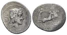 L. Julius Bursio, Rome, 85 BC. AR Denarius (22mm, 3.35g, 3h). Laureate and winged bust of Apollo Vejovis r.; trident over shoulder, symbol behind. R/ ...