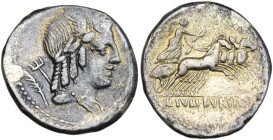L. Julius Bursio, Rome, 85 BC. AR Denarius (19mm, 3.91g). Laureate and winged bust of Apollo Vejovis r.; trident over shoulder, palm-branch behind. R/...