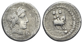 Mn. Fonteius C.f., Rome, 85 BC. AR Denarius (19.5mm, 3.88g, 5h). Laureate head of Vejovis (or Apollo) r.; Roma monogram below chin, thunderbolt below ...