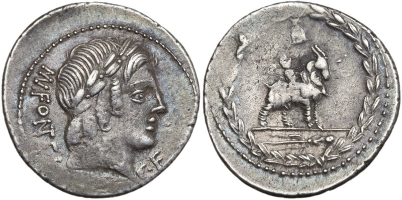 Mn. Fonteius C.f., Rome, 85 BC. AR Denarius (21mm, 3.96g). Laureate head of Vejo...