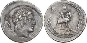 Mn. Fonteius C.f., Rome, 85 BC. AR Denarius (21mm, 3.96g). Laureate head of Vejovis r.; thunderbolt below neck. R/ Infant Genius, winged, seated on go...