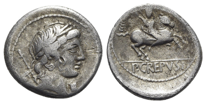 Pub. Crepusius, Rome, 82 BC. AR Denarius (18mm, 3.60g, 3h). Laureate head of Apo...